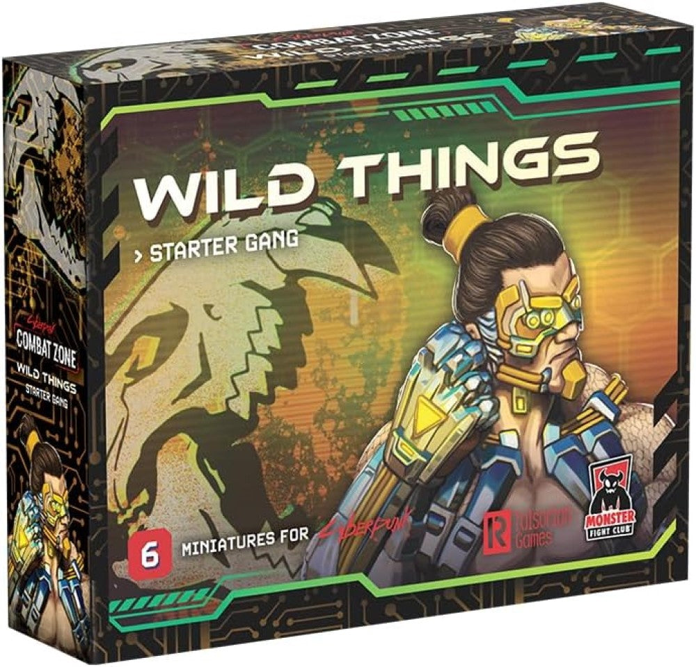 Box art for Cyberpunk RED Combat Zone "Wild Things Starter Gang" miniatures set, featuring a heavily armored cyberpunk character