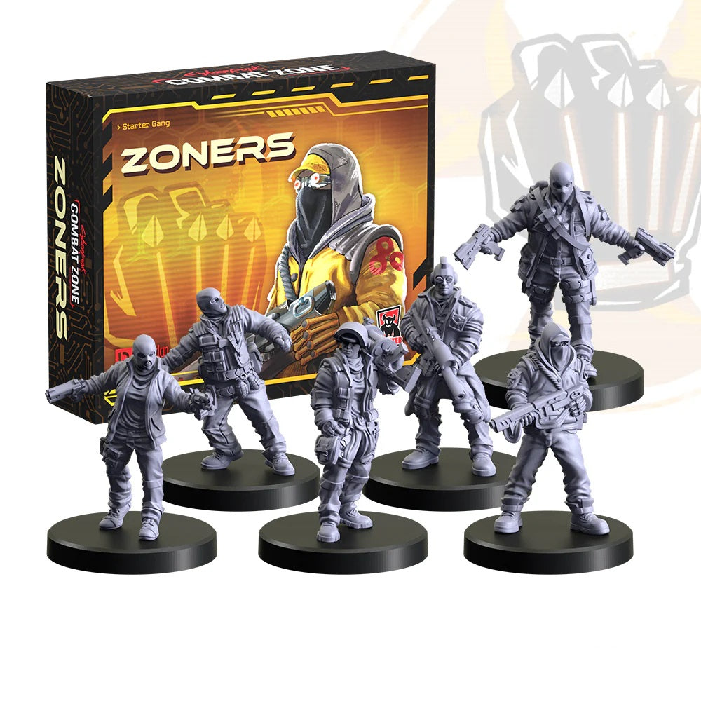 Zoners Combat Zone Starter Gang box with masked art and six unpainted armed cyberpunk miniatures