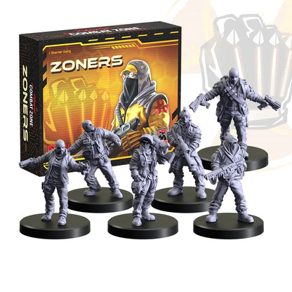 Zoners Combat Zone Starter Gang box with masked art and six unpainted armed cyberpunk miniatures