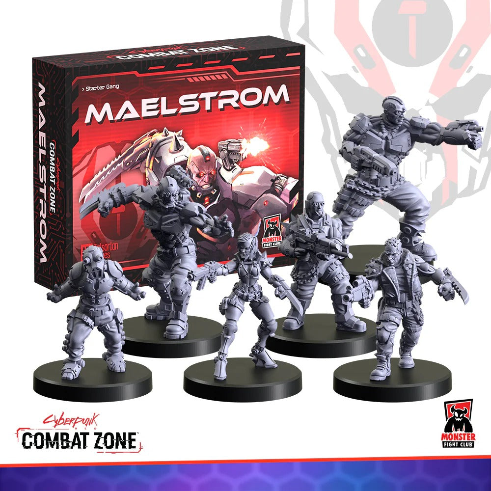 Cyberpunk Combat Zone: Maelstrom Starter Gang box and six dynamically posed grey cyberpunk miniatures on black bases
