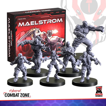 Cyberpunk Combat Zone: Maelstrom Starter Gang box and six dynamically posed grey cyberpunk miniatures on black bases