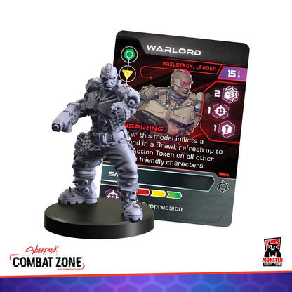 An unpainted gray miniature of a futuristic cyborg warrior with an arm cannon, next to its "Warlord" game card