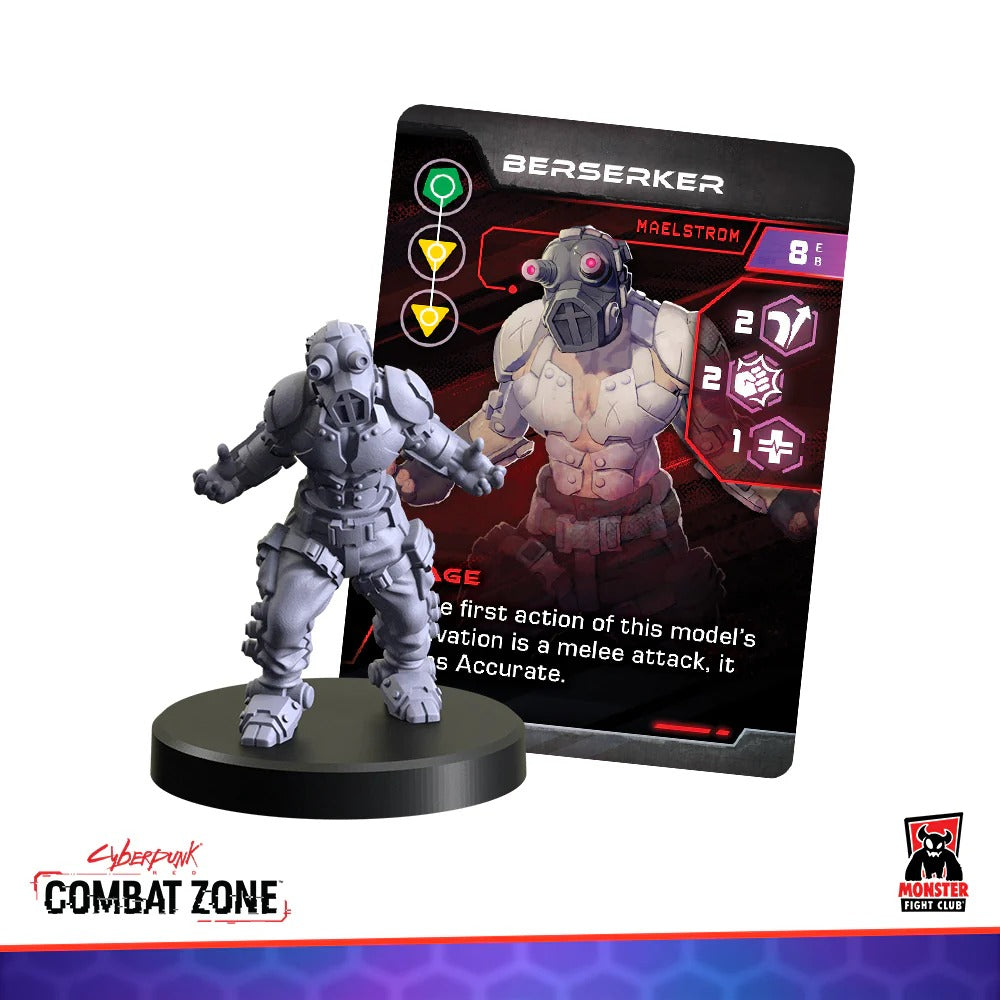 Grey Cyberpunk Berserker miniature with gas mask, next to its character stats card