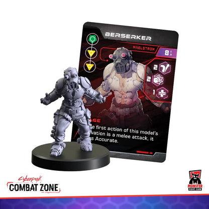 Grey Cyberpunk Berserker miniature with gas mask, next to its character stats card