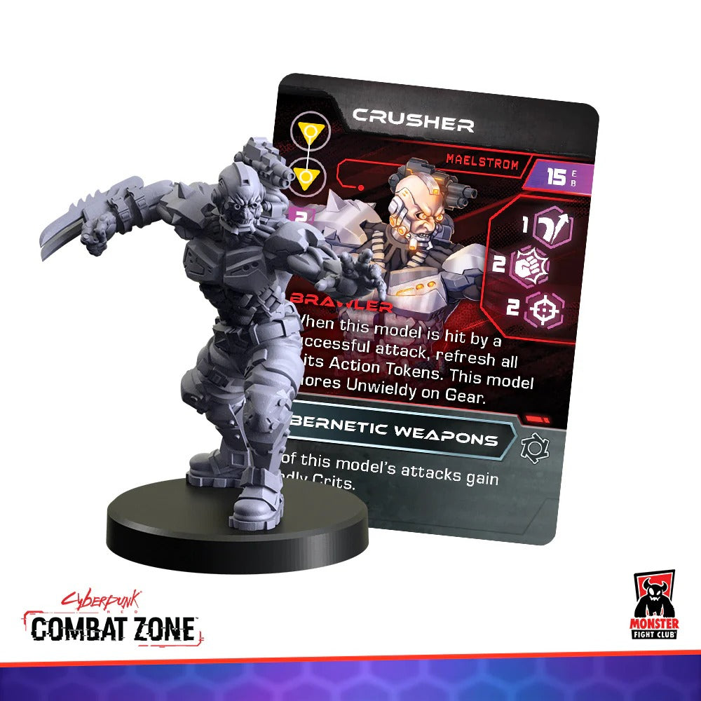 A grey "Crusher" cybernetic miniature lunges with an arm blade, beside its Cyberpunk Combat Zone game card