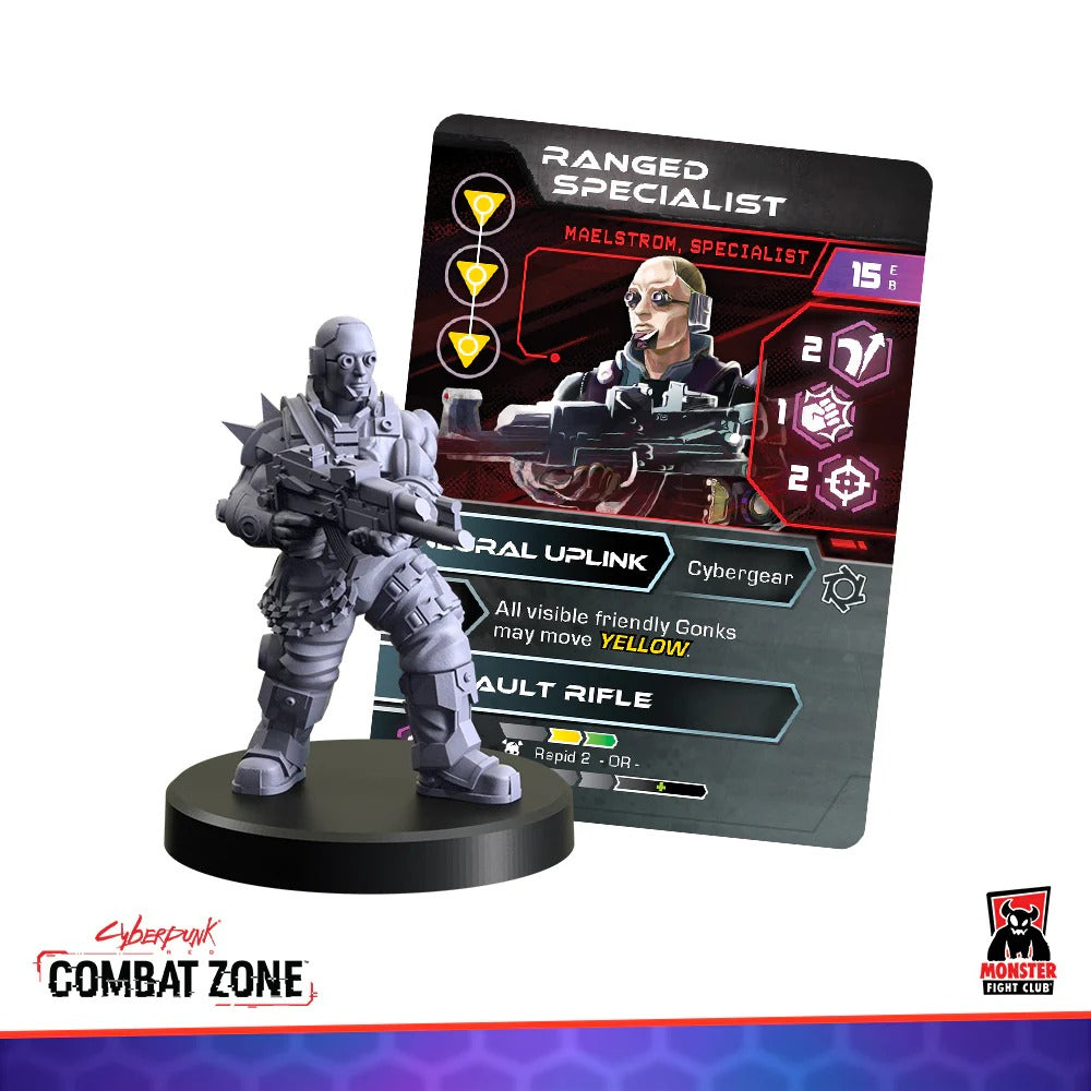 Gray unpainted cyberpunk soldier miniature with a rifle stands beside its "Ranged Specialist" game card