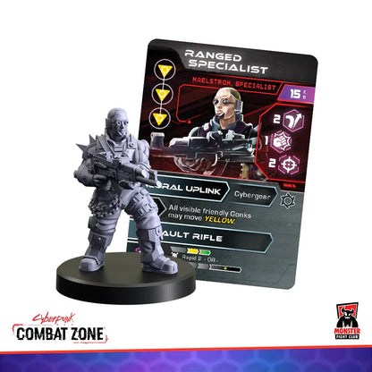 Gray unpainted cyberpunk soldier miniature with a rifle stands beside its "Ranged Specialist" game card