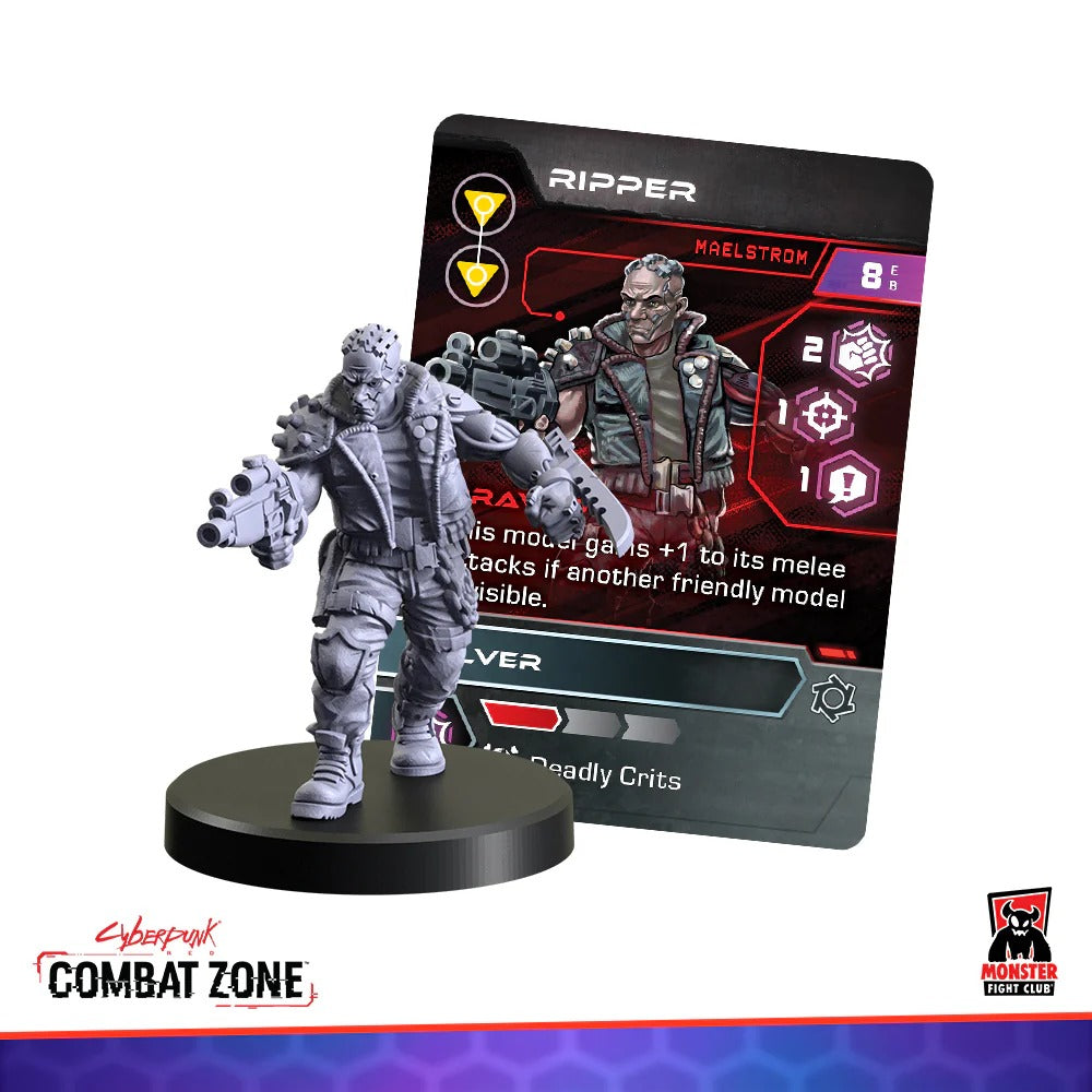 A gray Ripper miniature, armed with two futuristic guns, stands before its Cyberpunk Combat Zone character card