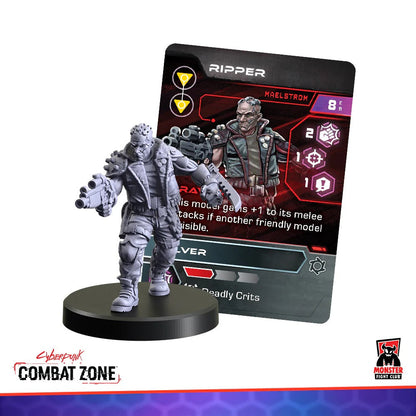 A gray Ripper miniature, armed with two futuristic guns, stands before its Cyberpunk Combat Zone character card