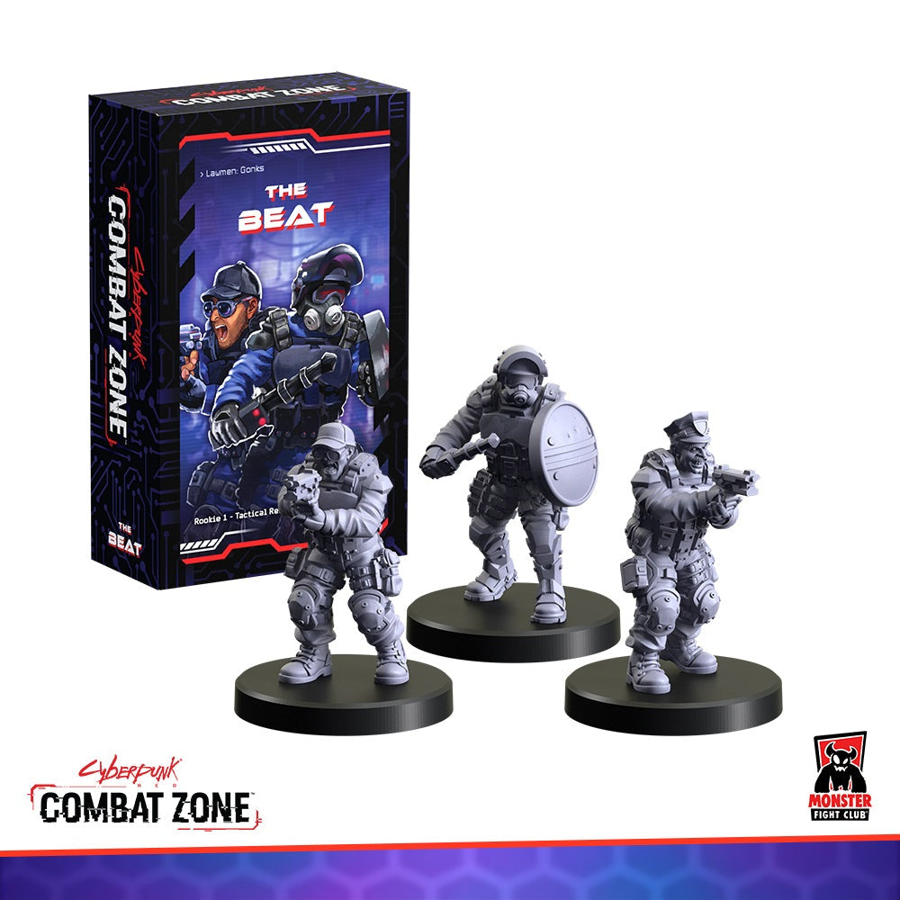Cyberpunk Combat Zone 'The Beat' game box and three unpainted futuristic law enforcement miniatures; one carries a shield