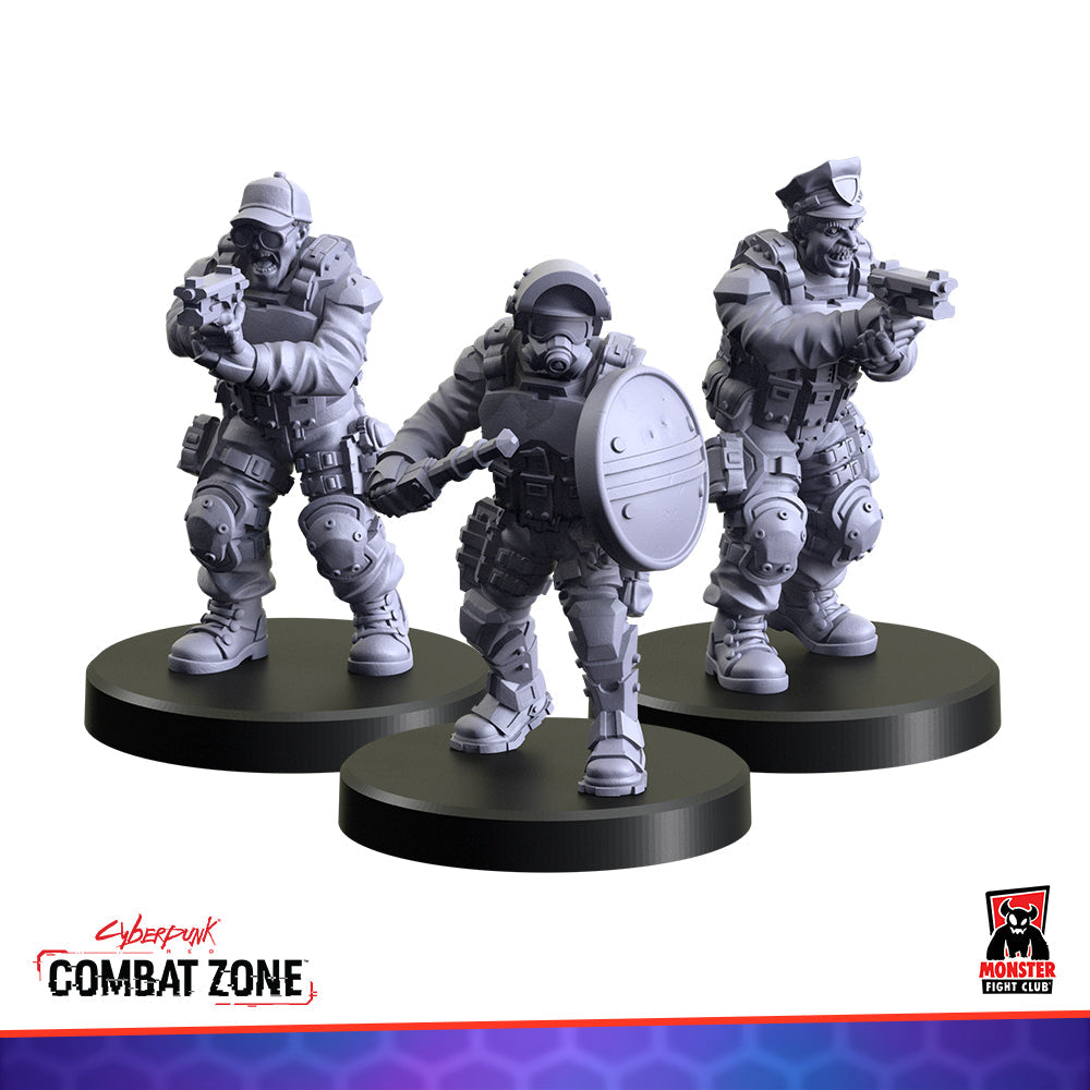 Three unpainted grey Cyberpunk tabletop miniatures: a riot officer with a shield, and two soldiers holding guns