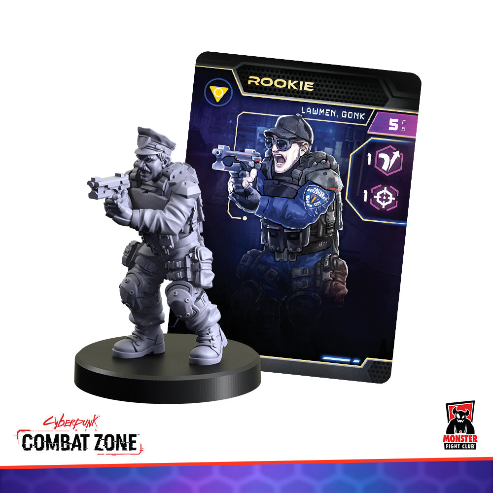 A gray Cyberpunk "Rookie" lawman miniature aiming a gun, alongside its game card showing the character