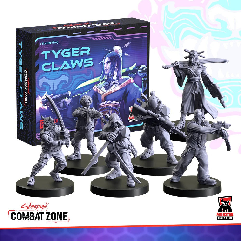 Cyberpunk Combat Zone: Tyger Claws starter gang box and six unpainted miniatures holding swords and guns