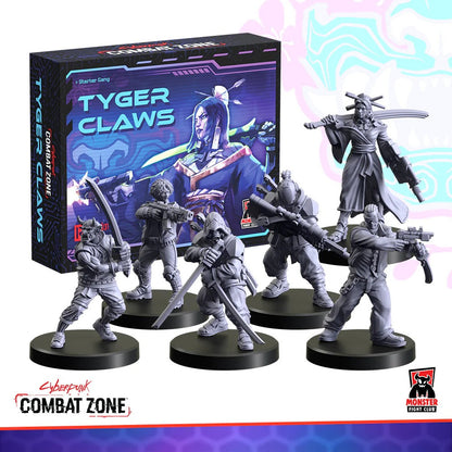 Cyberpunk Combat Zone: Tyger Claws starter gang box and six unpainted miniatures holding swords and guns