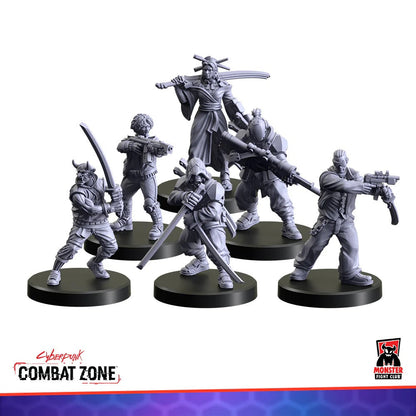 Six grey unpainted miniature figures from Cyberpunk Combat Zone, armed with swords, guns, and a bazooka