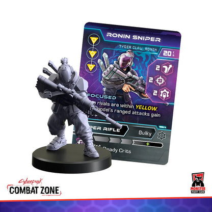 A grey Ronin Sniper miniature holding a rifle, next to its "Ronin Sniper" game card from Cyberpunk Combat Zone