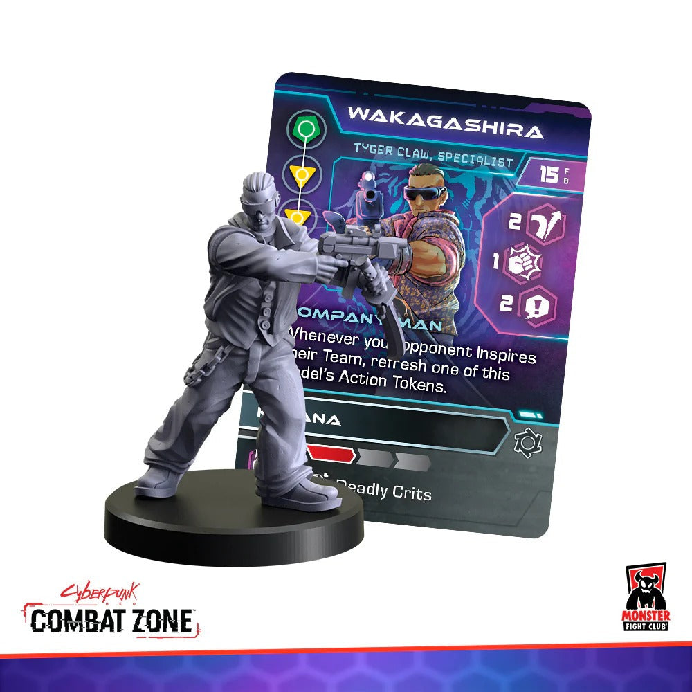 Grey Cyberpunk Combat Zone miniature of a man aiming a rifle, next to its Wakagashira Specialist character card