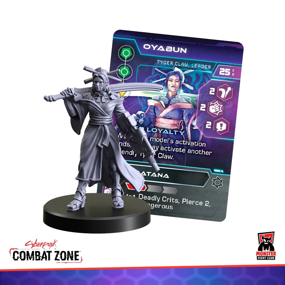 Grey Oyabun miniature of a female Tyger Claw leader with a katana, beside her matching game card