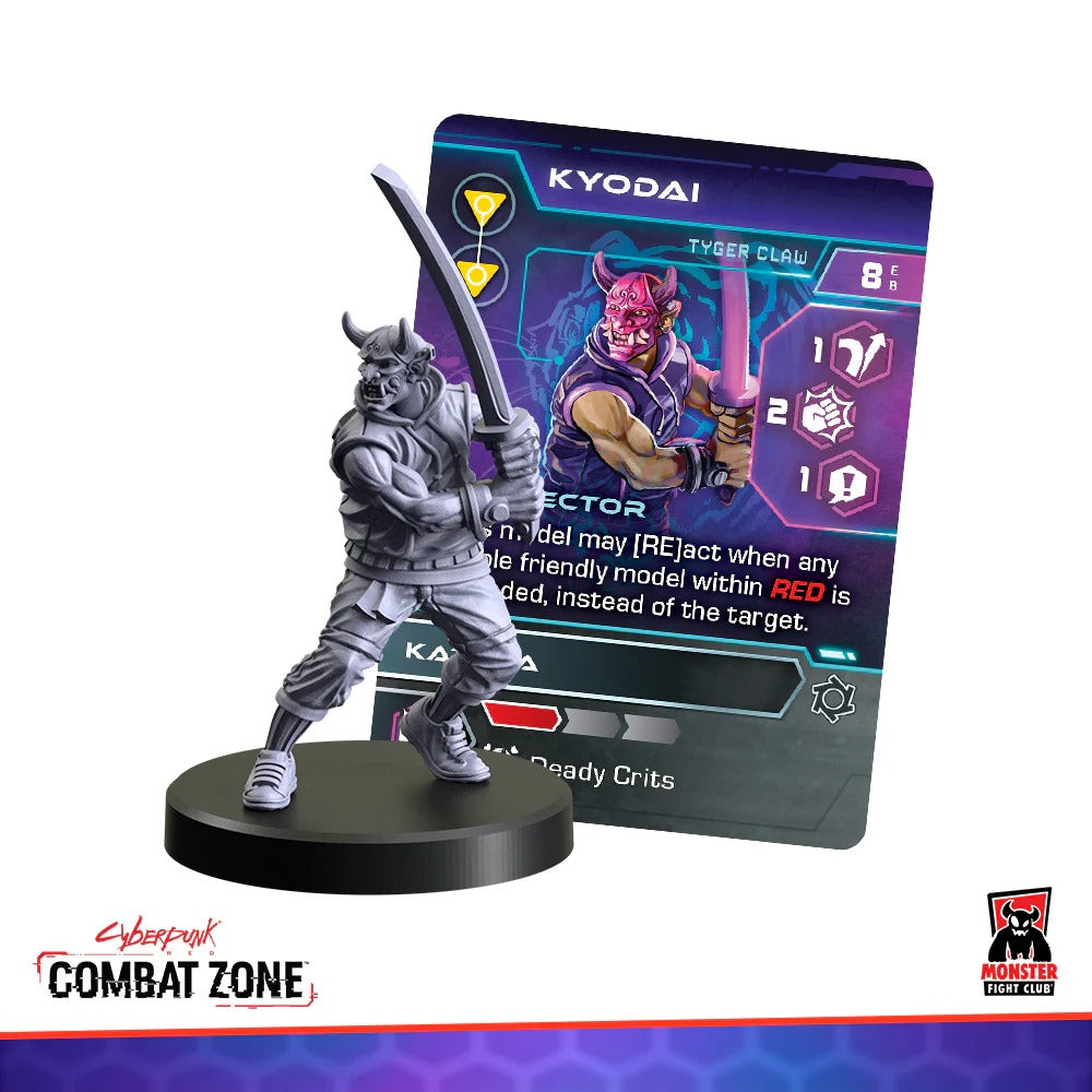 Gray horned samurai miniature with katana and a Cyberpunk game card for Kyodai Tyger Claw