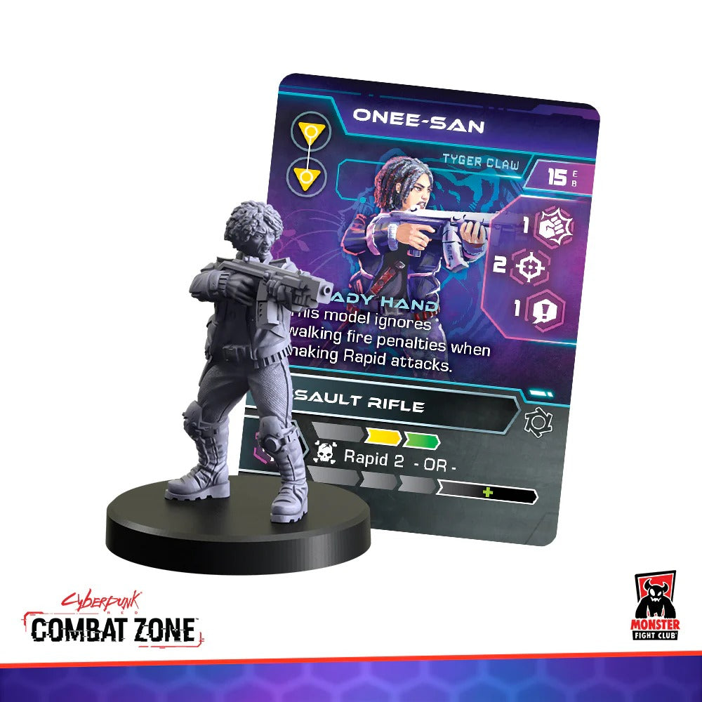 Gray miniature of a female character with assault rifle next to a "Onee-San Tyger Claw" game card
