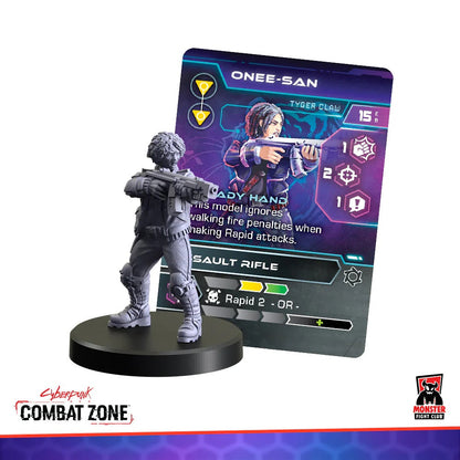 Gray miniature of a female character with assault rifle next to a "Onee-San Tyger Claw" game card