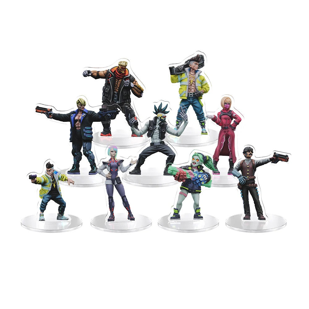Eight colorful, stylized cyberpunk character standees standing on clear acrylic bases