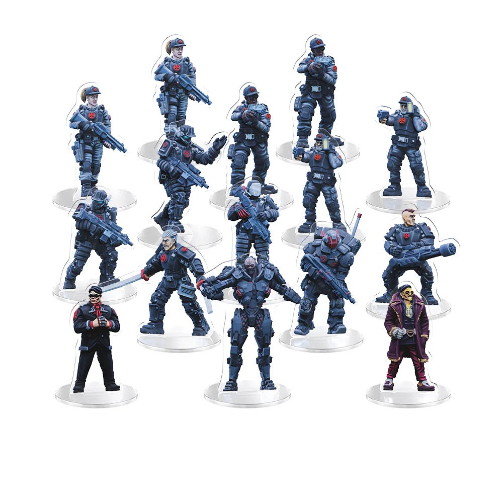 A set of 14 tabletop game standees depicting futuristic soldiers, heavily armored troops and unique characters on clear bases