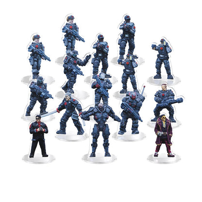A set of 14 tabletop game standees depicting futuristic soldiers, heavily armored troops and unique characters on clear bases