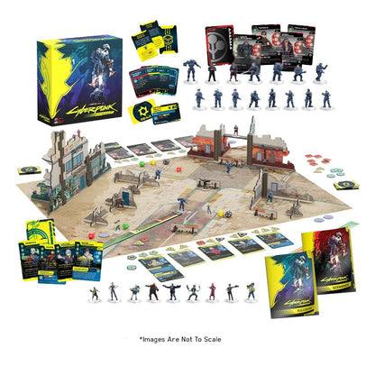 Complete set of the Cyberpunk: Edgerunners tactical board game, showing miniatures, map, cards and box