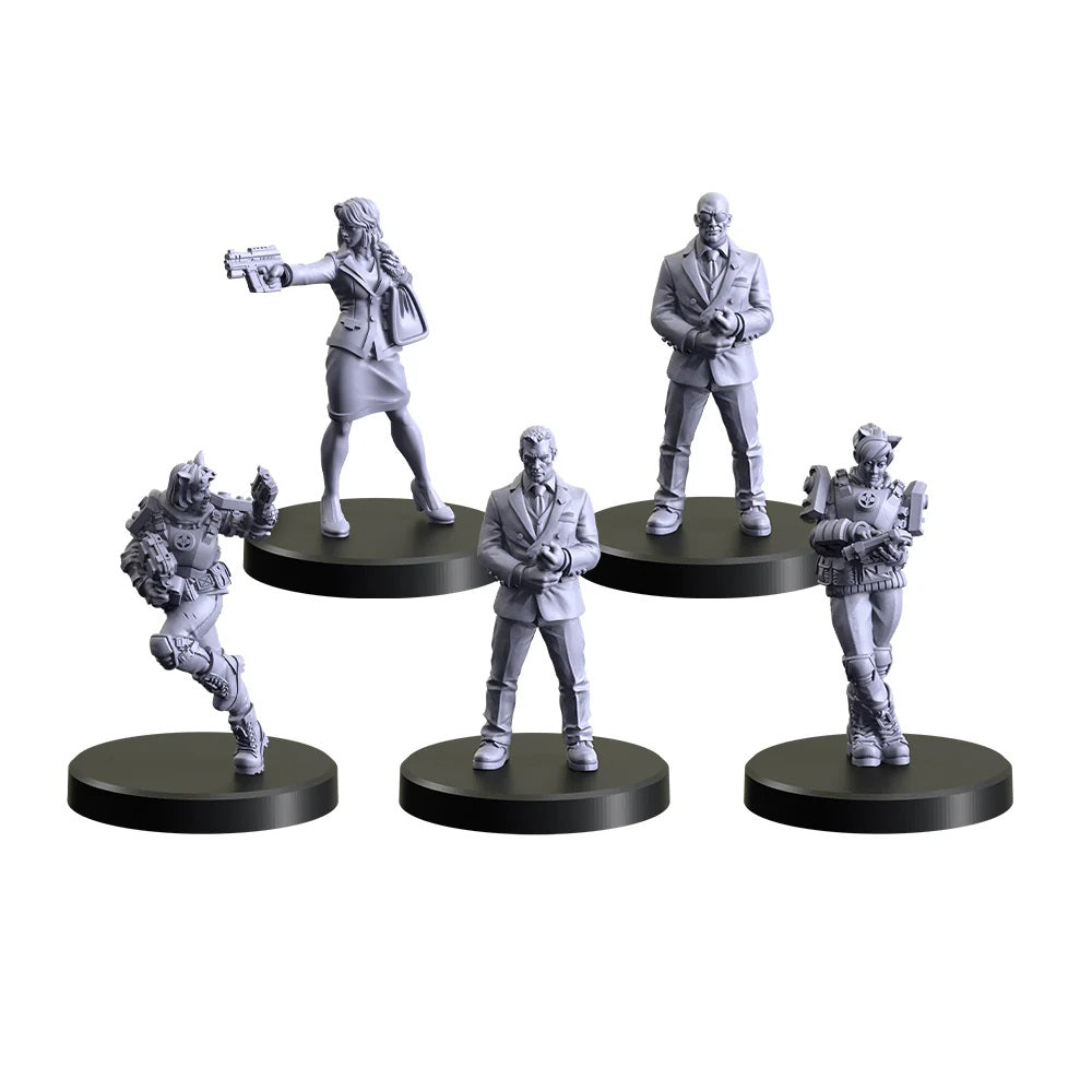 Five unpainted gray miniatures: a woman with a pistol, two suited men and two armored figures on black bases