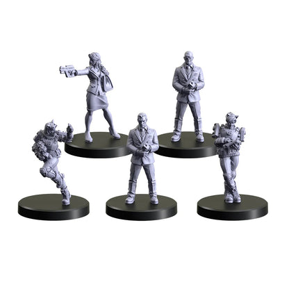 Five unpainted gray miniatures: a woman with a pistol, two suited men and two armored figures on black bases