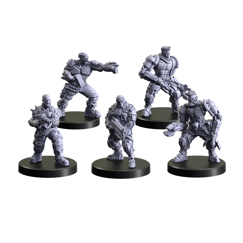 Five unpainted grey sci-fi miniatures of heavily armored figures in dynamic combat poses, wielding various weapons