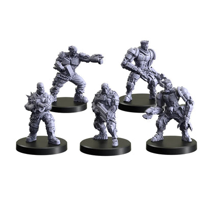 Five unpainted grey sci-fi miniatures of heavily armored figures in dynamic combat poses, wielding various weapons