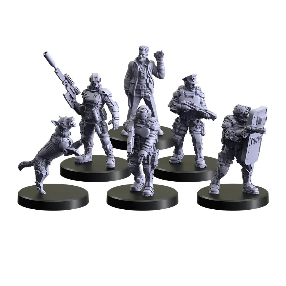 Six gray sci-fi/cyberpunk law enforcement and K9 miniature figures on black bases