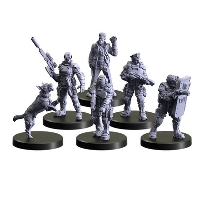 Six gray sci-fi/cyberpunk law enforcement and K9 miniature figures on black bases