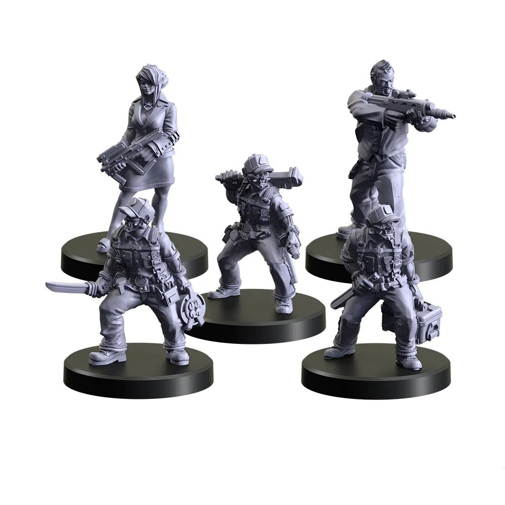 Five gray tabletop miniature figures, including armed men and a woman, wielding rifles, a wrench and knives