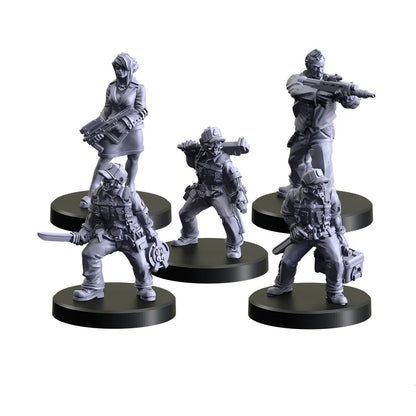Five gray tabletop miniature figures, including armed men and a woman, wielding rifles, a wrench and knives