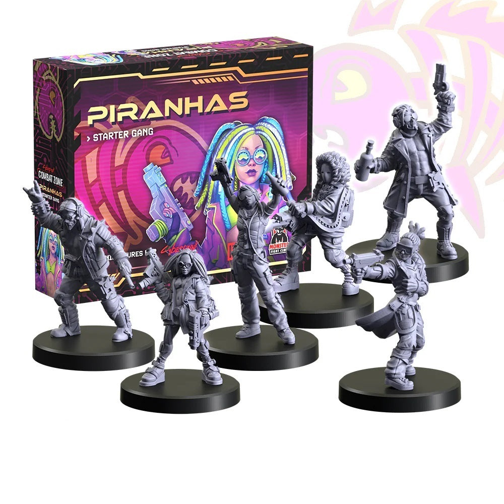 Piranhas Starter Gang box shown with five unpainted gray cyberpunk miniatures holding weapons