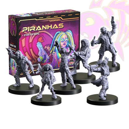 Piranhas Starter Gang box shown with five unpainted gray cyberpunk miniatures holding weapons