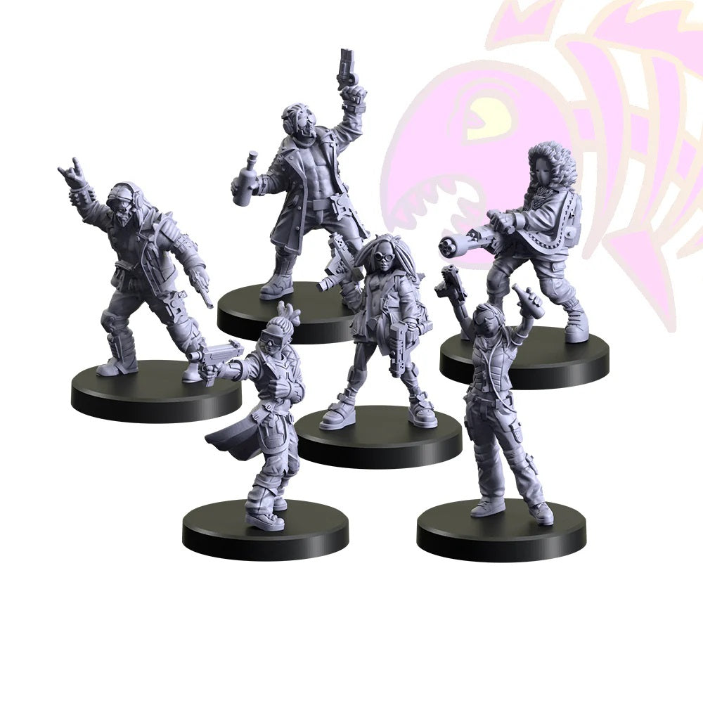 Six unpainted gray sci-fi miniatures of armed characters in dynamic poses