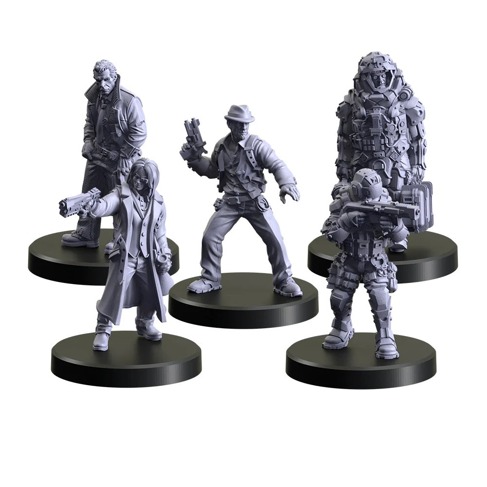 Five grey unpainted tabletop miniatures: a trench-coat man, a woman aiming a pistol, a fedora man with a gun, a tactical soldier and a large armored figure