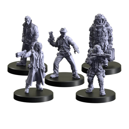 Five grey unpainted tabletop miniatures: a trench-coat man, a woman aiming a pistol, a fedora man with a gun, a tactical soldier and a large armored figure