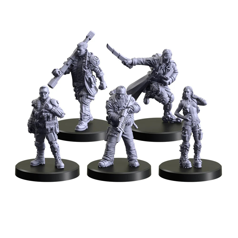 Five unpainted gray miniatures on black bases, featuring armed male and female characters with rifles and a large knife