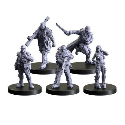 Five unpainted gray miniatures on black bases, featuring armed male and female characters with rifles and a large knife