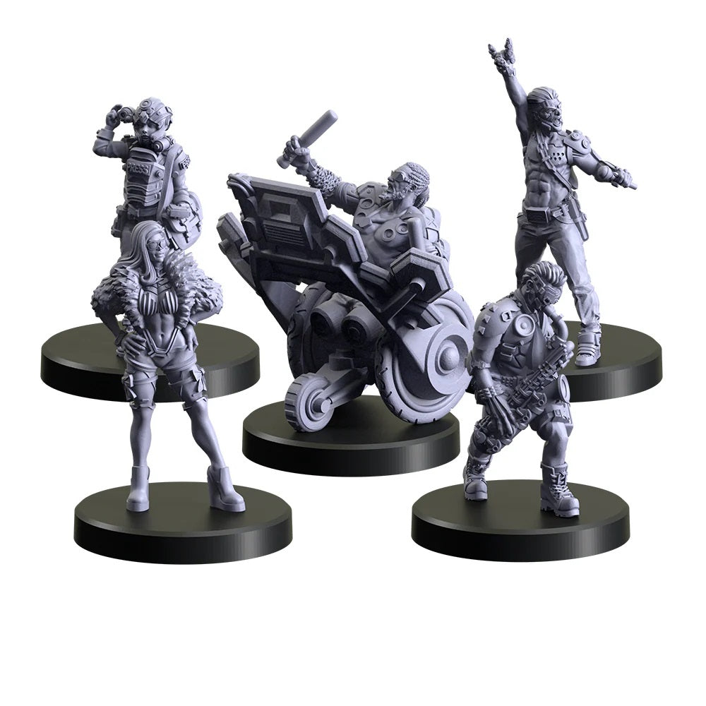 Five unpainted grey cyberpunk miniatures: a biker on a hoverbike, a saxophonist, a reporter, a rockstar and a stylish woman
