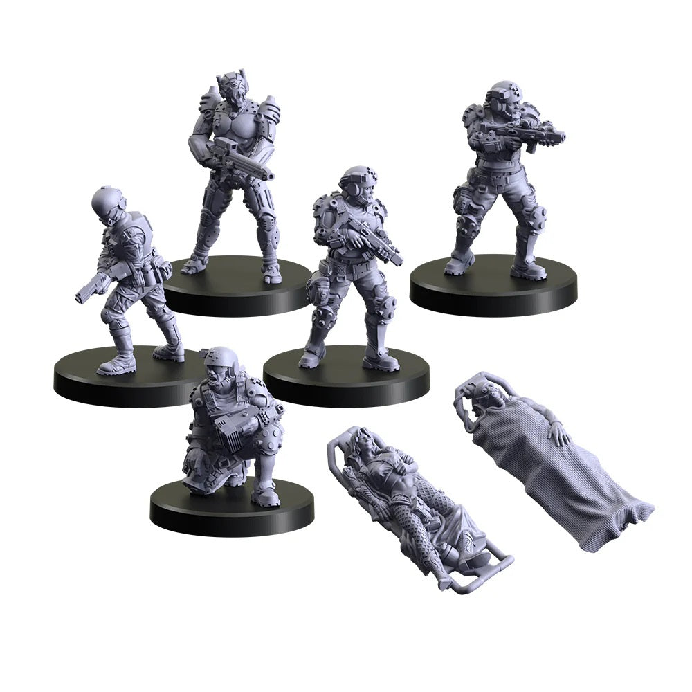 Set of futuristic military miniatures, including five armed soldiers on bases and two unbased casualty figures