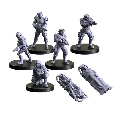 Set of futuristic military miniatures, including five armed soldiers on bases and two unbased casualty figures