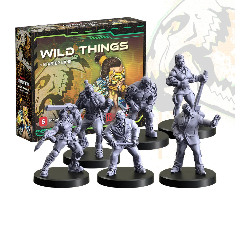 Six gray "Wild Things Starter Gang" miniatures and their game box