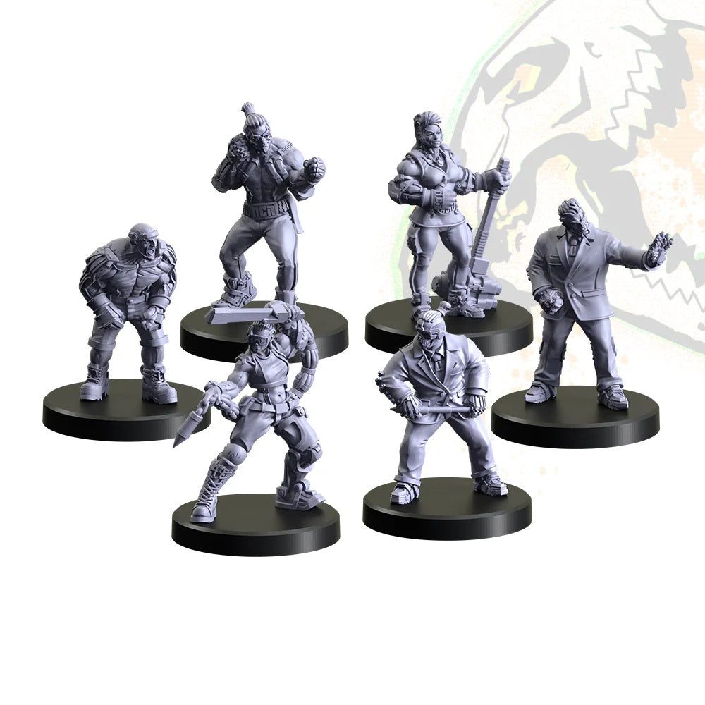 Six unpainted, gray fantasy/sci-fi tabletop miniatures displayed on black bases