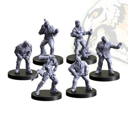 Six unpainted, gray fantasy/sci-fi tabletop miniatures displayed on black bases